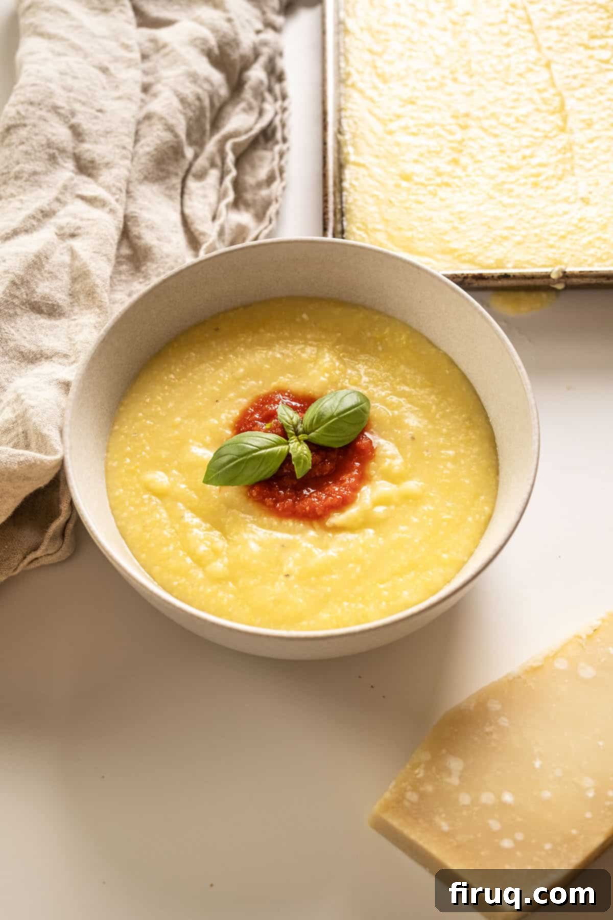 Velvety Smooth Polenta 8 A beautifully plated bowl of creamy polenta, topped with homemade marinara sauce and fresh basil, ready for a comforting meal.