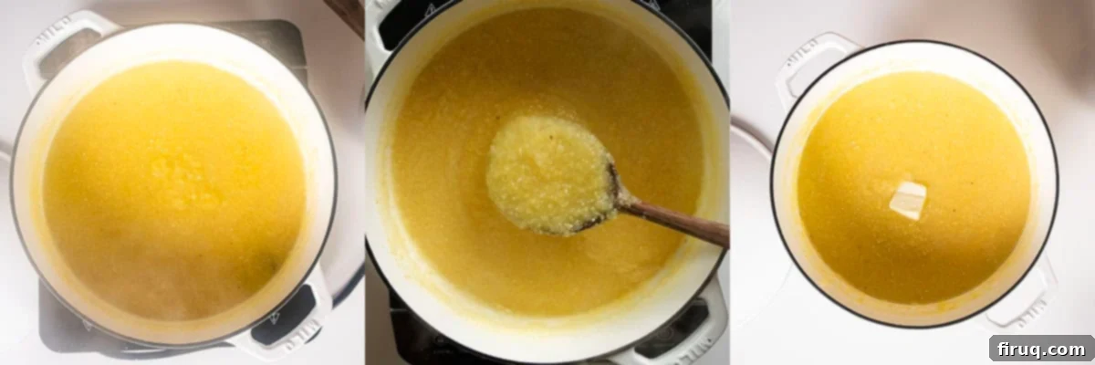 Golden Grilled Polenta with Marinara and Pesto 4 Creamy polenta simmering gently in a large pot, ready for chilling and grilling.