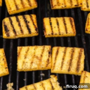 Golden Grilled Polenta with Marinara and Pesto 8 Crispy grilled polenta with beautiful, defined grill marks.
