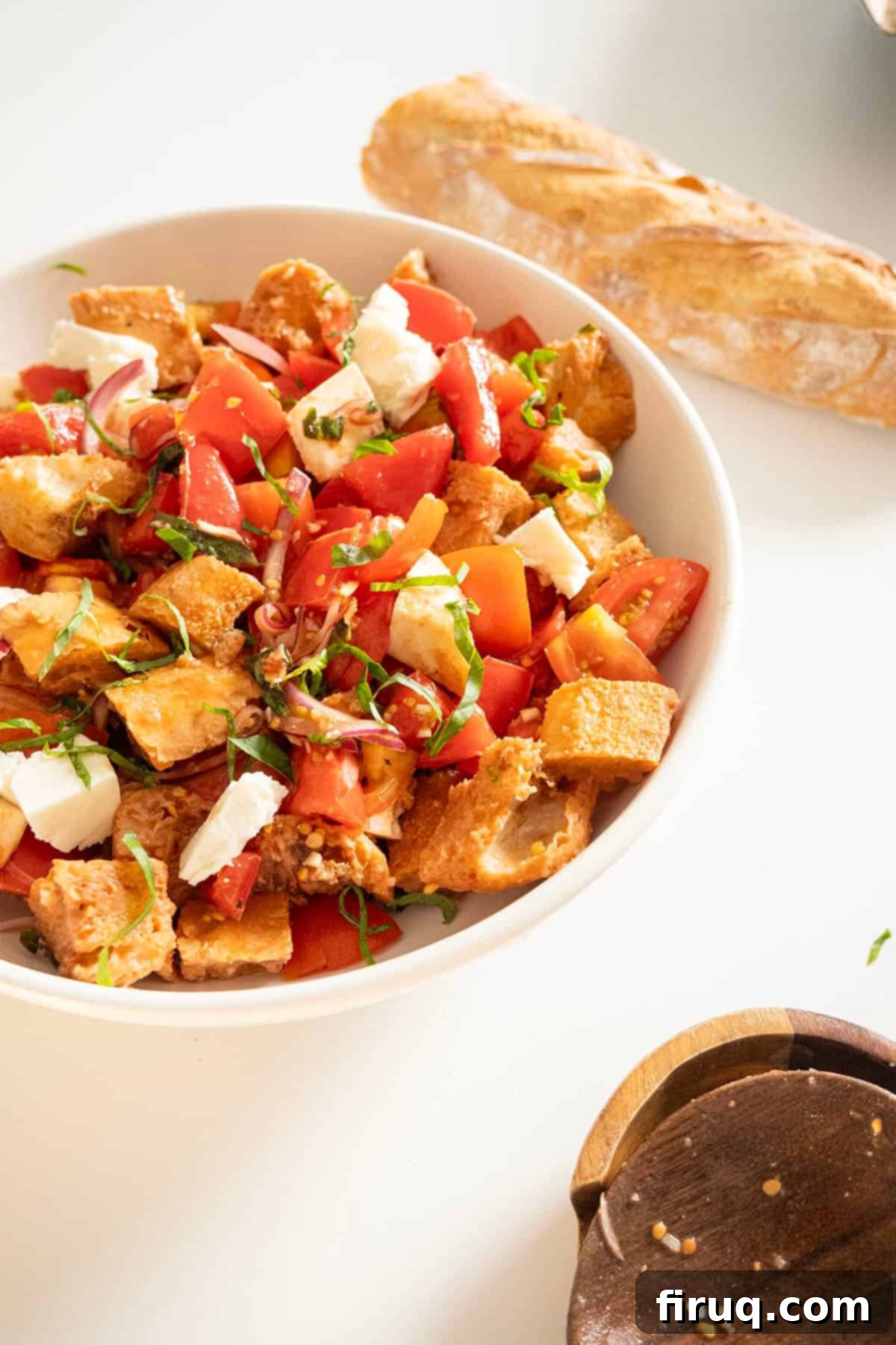 Rustic Tuscan Panzanella 2 Freshly prepared Panzanella salad in a rustic ceramic bowl, showcasing cubed bread, vibrant red tomatoes, green basil leaves, and thinly sliced red onion.