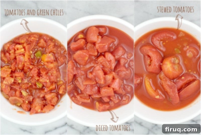 Yuletide Comfort Bowl 4 collage showing the different varieties of canned tomatoes, each in a white bowl, top down view