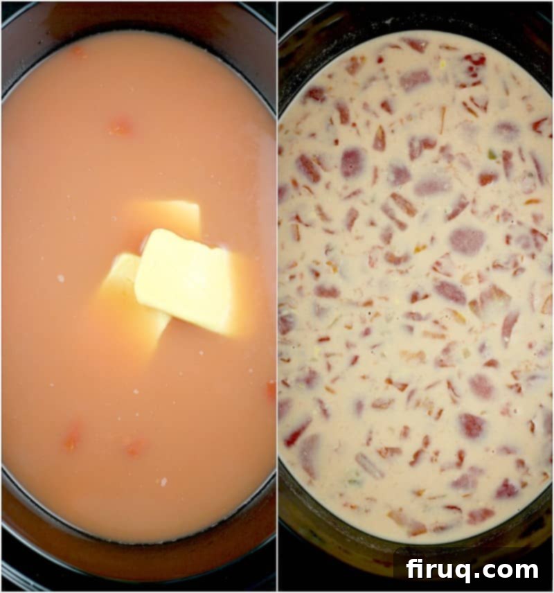 Yuletide Comfort Bowl 6 top down view into the slow cooker showing the addition of the Velveeta cheese on the left and the creamy melted combined soup on the right