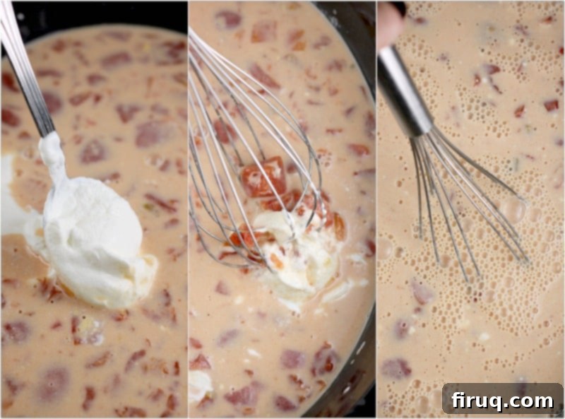 Yuletide Comfort Bowl 7 collage of three photos: left is a spoon adding the sour cream; center is a whisk stirring the sour cream in; right is a whisk in the creamy soup with the sour cream combined into the vegetarian soup recipe