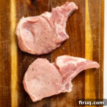 Pork Chops with Bourbon Peach Glaze 4 Bone in pork chops seasoned with salt and pepper.