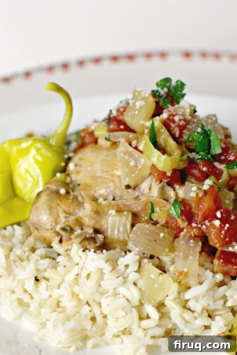 One-Pot Zesty Italian Pepperoncini Chicken 3 Close-up, side view showing a serving of cooked Italian pulled chicken over rice, highlighting the rich texture and vibrant colors of the dish.