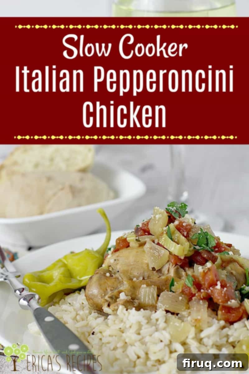 One-Pot Zesty Italian Pepperoncini Chicken 8 This simple, pulled chicken slow cooker recipe takes just minutes to throw together into the crock-pot for a healthy Italian Pepperoncini Chicken supper. The image showcases the delicious finished dish, highlighting its appeal.