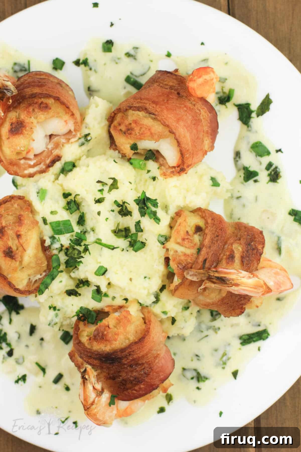 Crab Filled Shrimp with Bacon 4 top down view of the prepared recipe on white plate