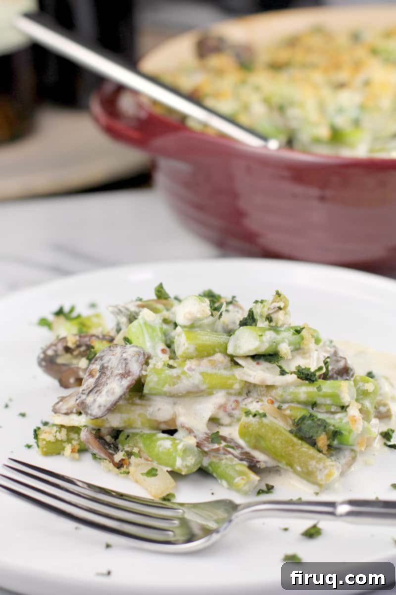 Creamy Asparagus Bake 2 Plated Asparagus Casserole with a fork, showing tender asparagus and creamy sauce. A red baking dish is blurred in the background.
