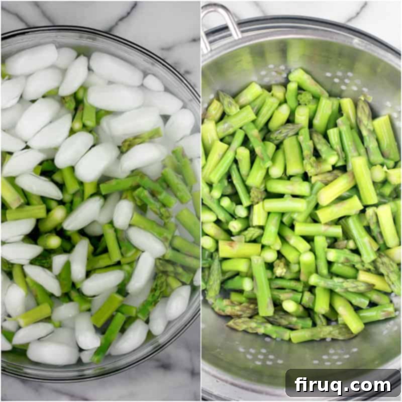 Creamy Asparagus Bake 4 Collage of two photos: blanched asparagus spears in an ice bath on the left, and thoroughly drained asparagus in a colander on the right.