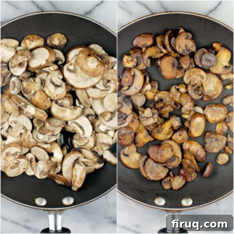Creamy Asparagus Bake 5 Collage of two photos: raw sliced mushrooms in a skillet on the left, and beautifully browned mushrooms in the same skillet on the right.