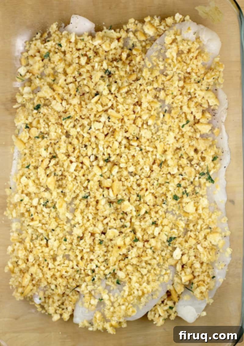 Classic Boston Baked Cod 4 topping on fish assembled in bake dish