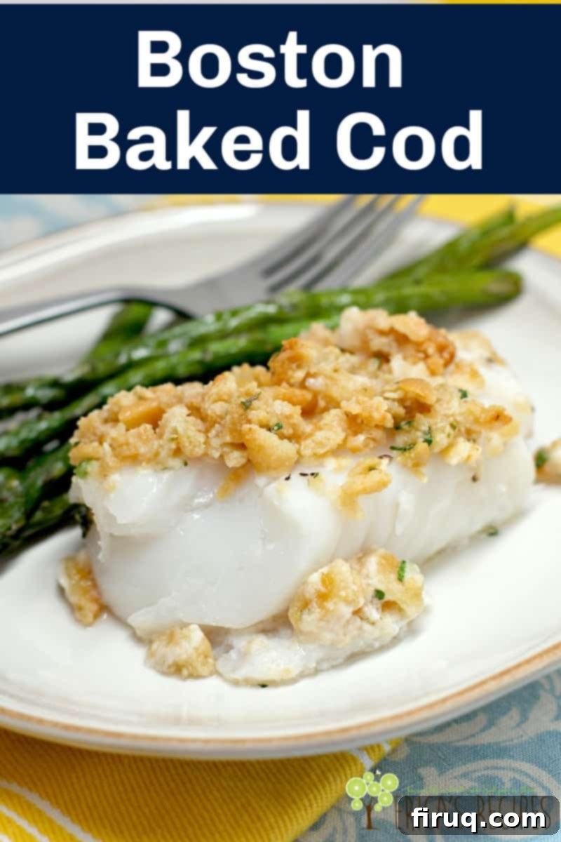 Classic Boston Baked Cod 6 image for Pinterest with text overlay of recipe title