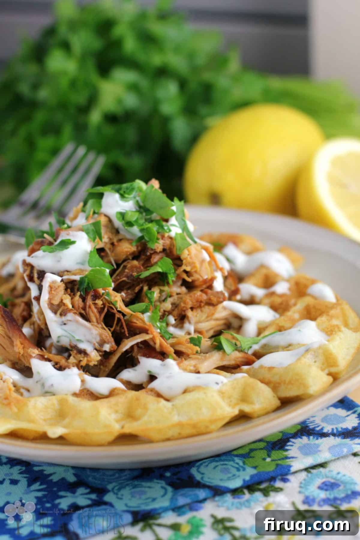 Sweet Heat Pulled Chicken Waffles with Creamy Buttermilk Ranch 1 featured 10370