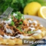 Sweet Heat Pulled Chicken Waffles with Creamy Buttermilk Ranch 2 Honey Sriracha Pulled Chicken and Waffles