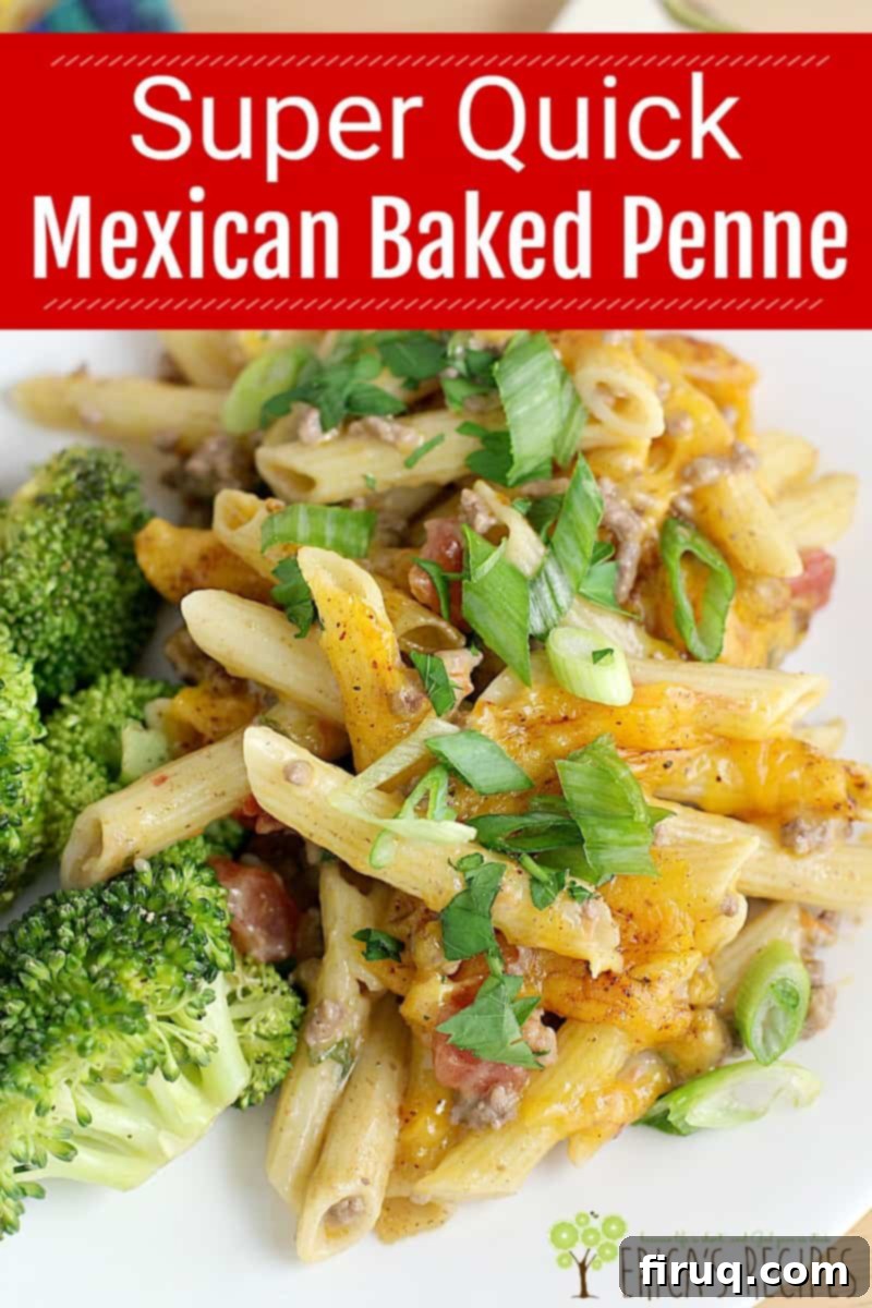 Speedy Fiesta Penne Bake 3 Close-up of baked Super Quick Mexican Baked Penne in a pan