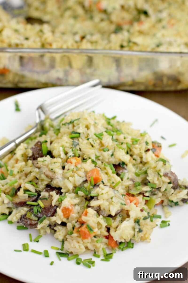 Comforting Veggie Rice Bake 2 vegetarian rice casserole on a white plate with fork; bake dish in the back ground