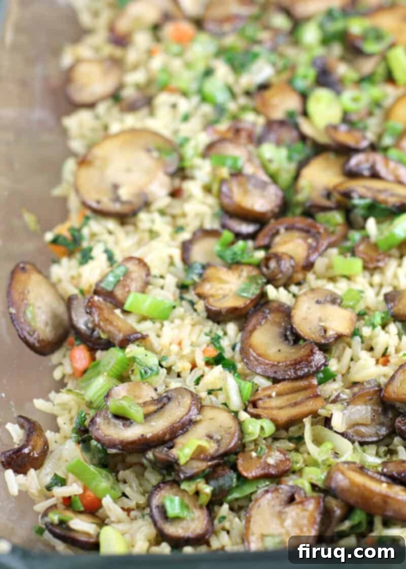 Comforting Veggie Rice Bake 11 mushrooms and green onion layered on brown rice