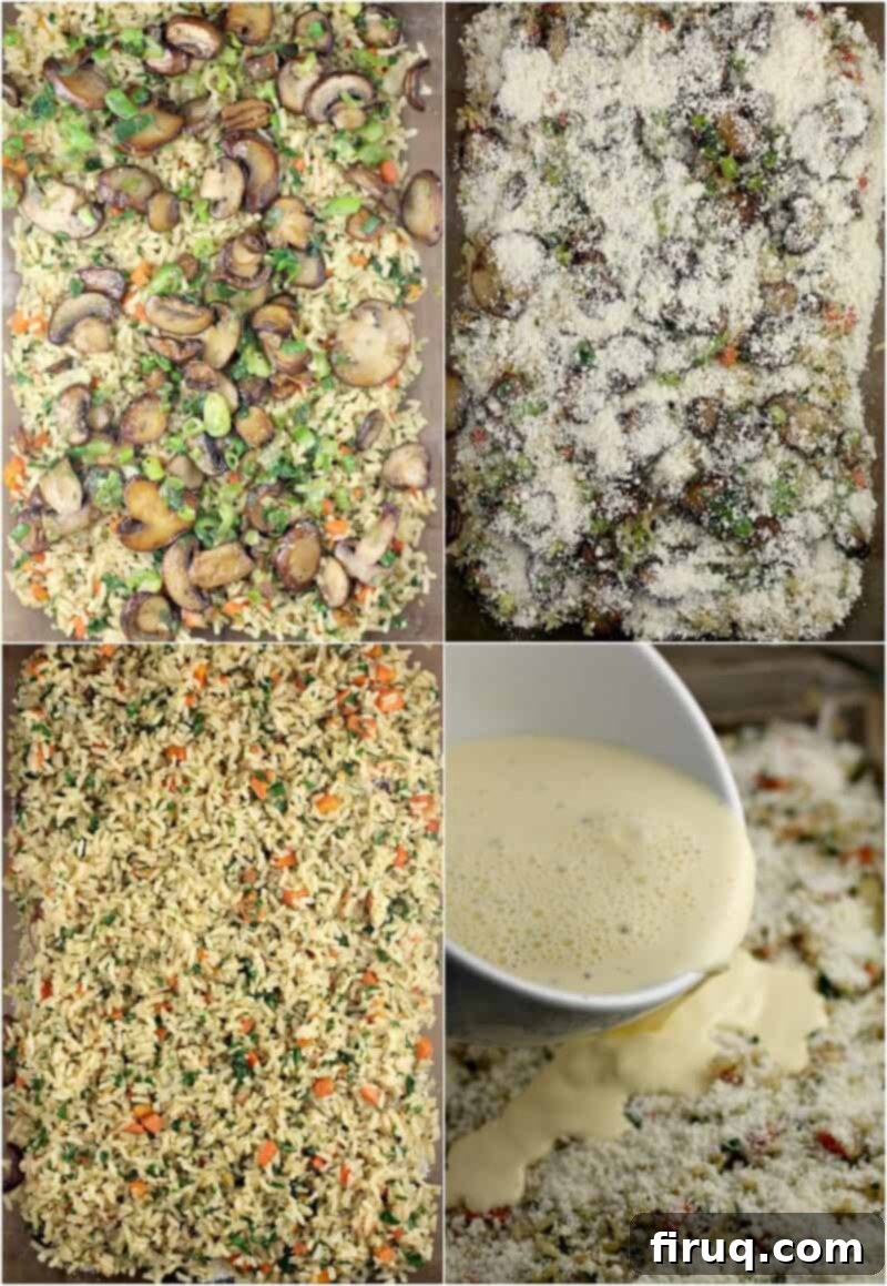 Comforting Veggie Rice Bake 12 collage of 4 photos showing assembly of the casserole: top left; mushroom and green onion layered over brown rice; top right, layer of parmesan cheese; bottom left, top layer of brown rice; bottom right, egg mixture pouring over rice