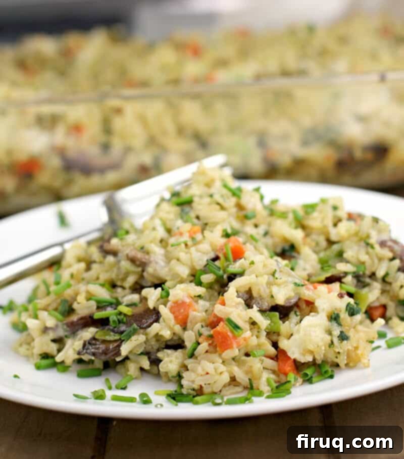 Comforting Veggie Rice Bake 13 brown rice casserole on a white plate with fork; bake dish in the back ground