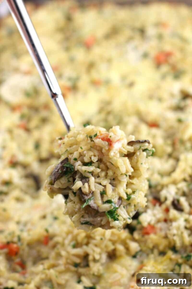 Comforting Veggie Rice Bake 4 spoon lifting up brown rice