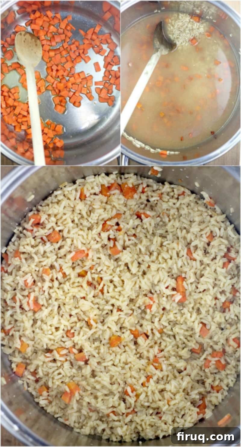 Comforting Veggie Rice Bake 9 collage of 3 photos: top left, carrot in pot with olive oil and wood spoon; top right, stock added to carrot in pot; bottom, cooked brown rice in pot with carrot