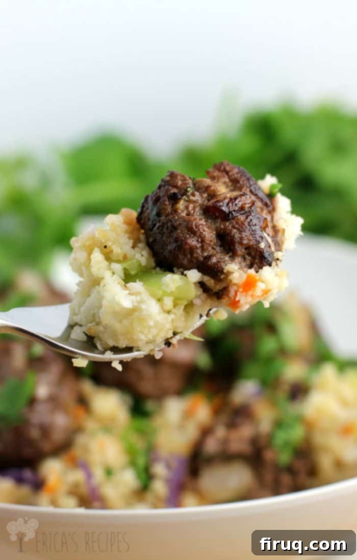 Sticky Asian Meatballs with Cauliflower Fried Rice 2 Asian Meatballs over Cauliflower Fried Rice from EricasRecipes.com