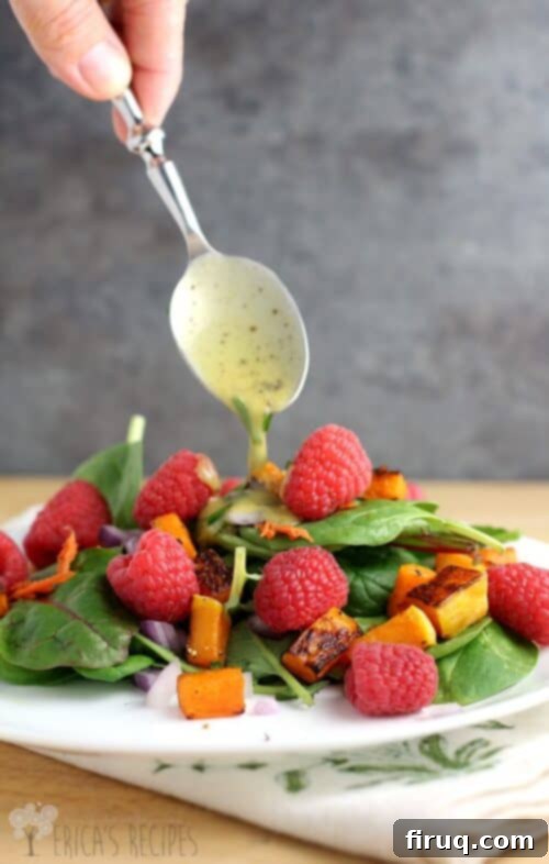 Vibrant Winter Butternut Raspberry Salad 5 Sweet Winter Salad with Butternut Squash and Raspberries - Drizzled with dressing