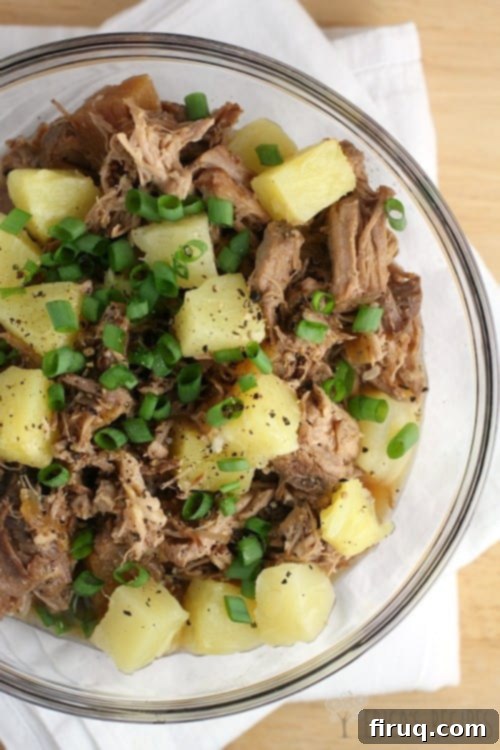 Luau-Ready Pineapple Pulled Pork & Coconut Rice 4 Overhead shot of the complete Pineapple Pulled Pork and Coconut Rice dish, ready to be served