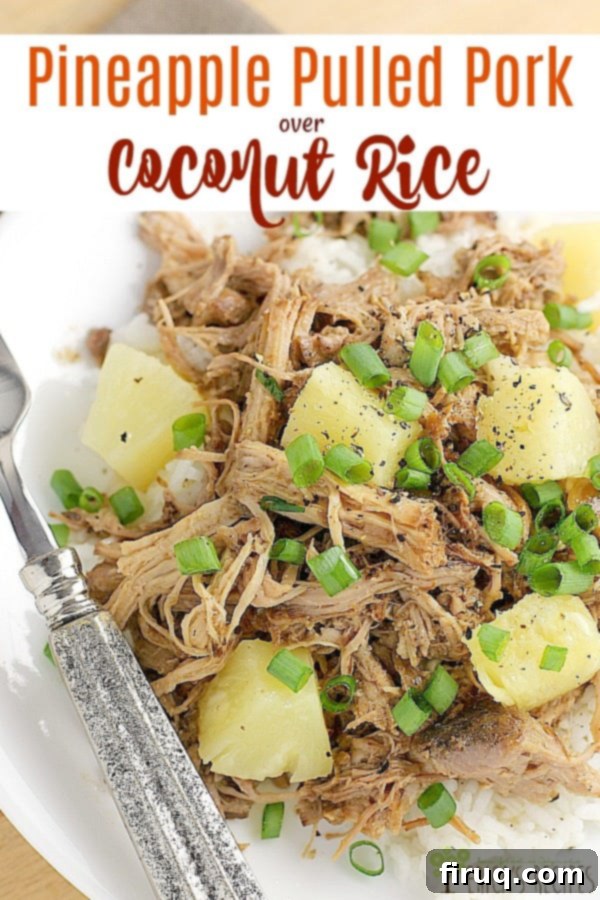 Luau-Ready Pineapple Pulled Pork & Coconut Rice 8 Promotional image for Pineapple Pulled Pork over Coconut Rice recipe, highlighting Asian flavors and slow cooker convenience