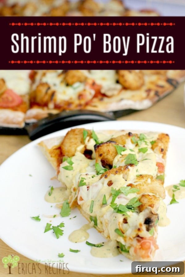 Cajun Shrimp Pizza 5 The classic po-boy sub meets pizza, and the result is epic good! Shrimp, veggies, cheese, and creamy remoulade for a crazy tasty gourmet Shrimp Po’ Boy Pizza unlike any you have ever had.