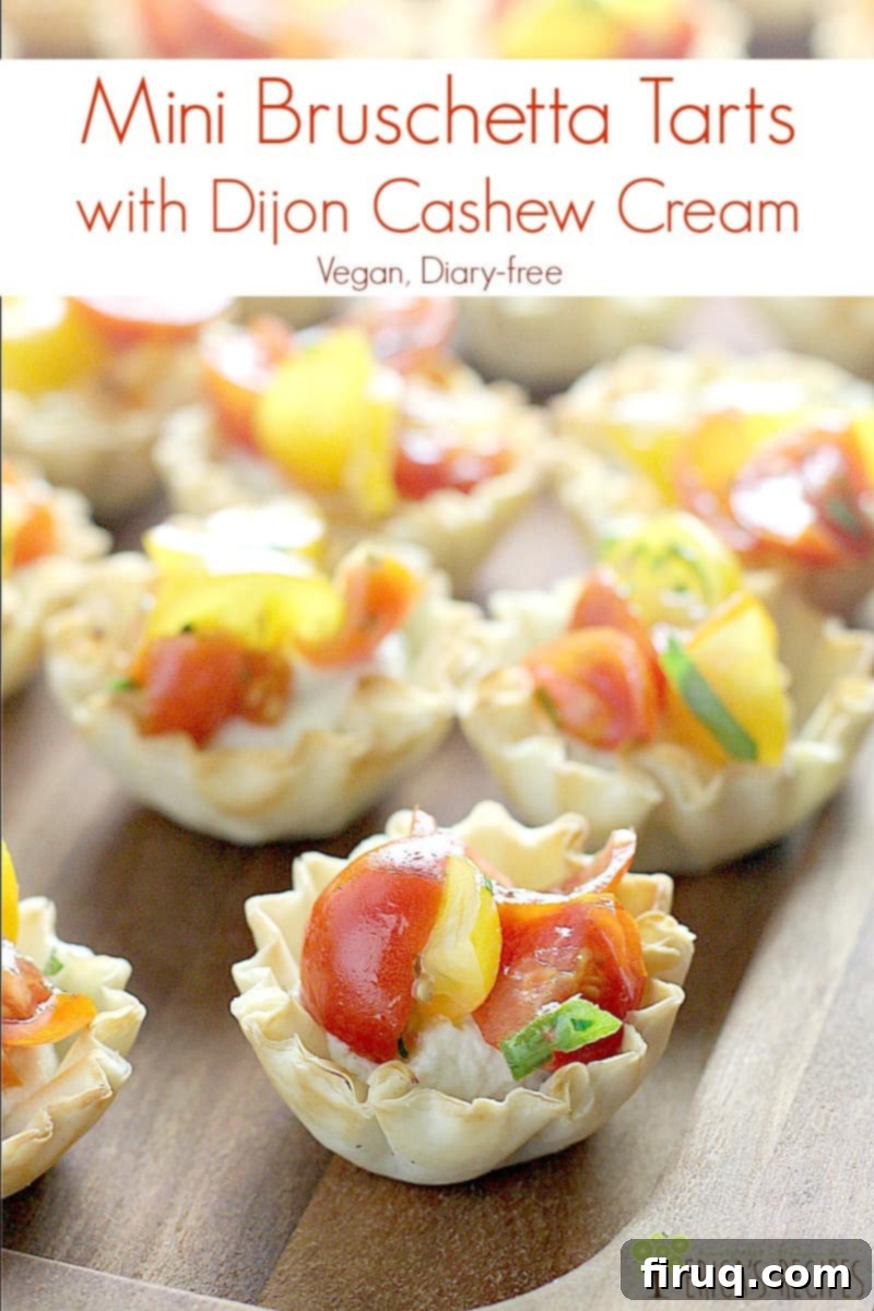 Creamy Dijon Cashew Bruschetta Bites 3 Mini Bruschetta Tarts with Dijon Cashew Cream, perfect as an appetizer for vegan and vegetarian diets, ideal party food, and dairy-free.