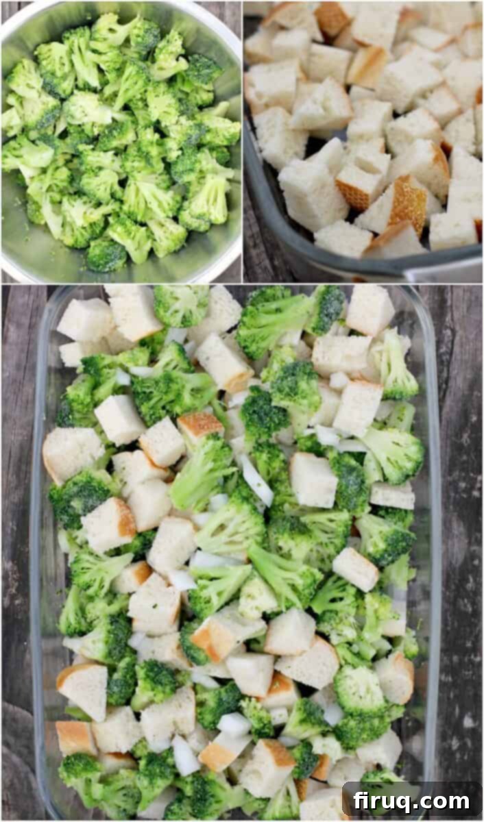 Cheesy Broccoli Bake 4 collage of 3 photos: top left, chopped broccoli in metal bowl; top right, bread cubes in pyrex dish; bottom; broccoli, bread cubes, and onion in pyrex dish