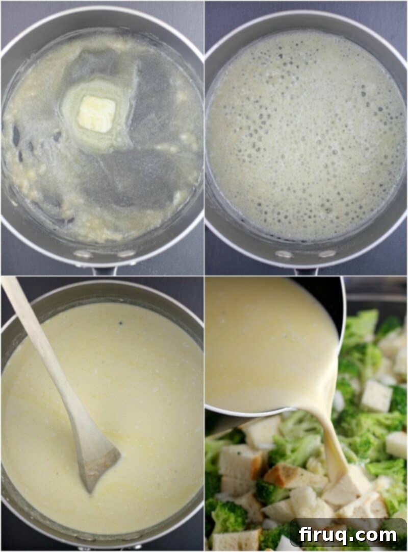 Cheesy Broccoli Bake 5 collage of 4 photos: top left, butter and flour in saucepan; top right, roux; bottom left, cheese sauce in saucepan with wood spoon; bottom right, cheese sauce being poured over broccoli and bread
