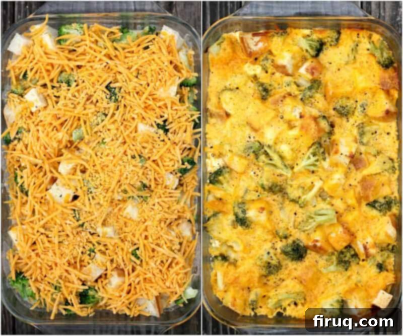 Cheesy Broccoli Bake 6 collage of 2 photos: left, assembled casserole; right, baked casserole. Both have weathered wood backgrounds.