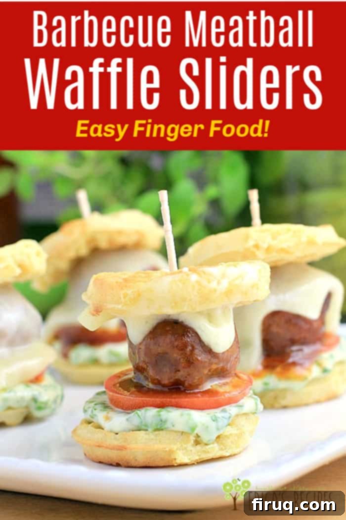 Smoky BBQ Meatball Waffle Sliders 3 image for pinterest with text overlay of recipe title Barbecue Meatball Waffle Sliders