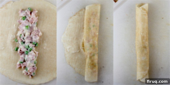 Savory Ham, Pea, and Cheese Crepes 6 Overhead shot of a full pan of baked Ham, Peas, and Cheese Crepes, golden and bubbling.