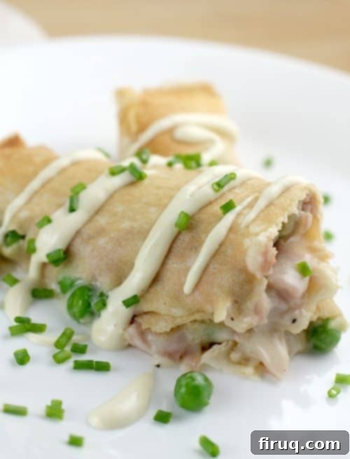 Savory Ham, Pea, and Cheese Crepes 8 Steps showing the preparation of the cheesy ham and pea filling for the crepes.