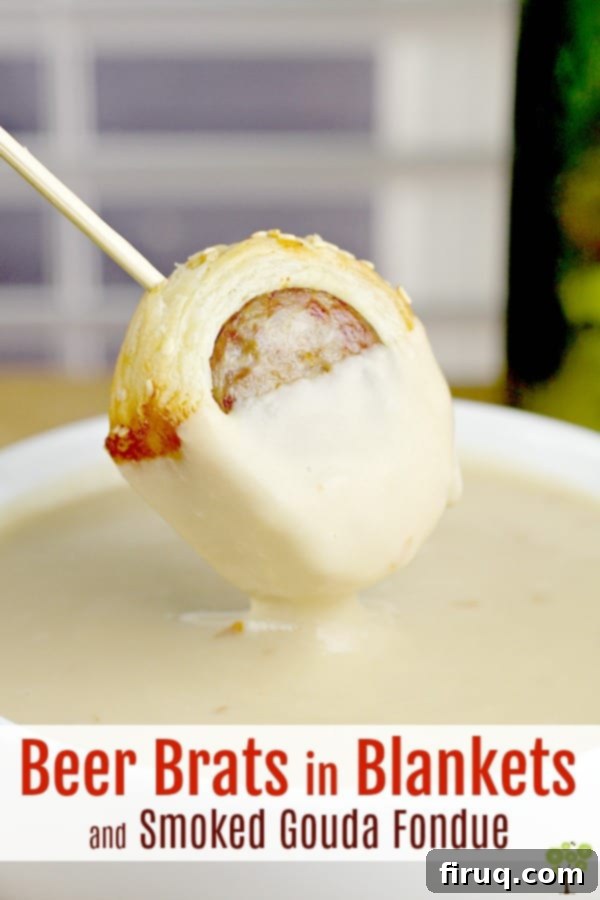 Bira Aromalı Sosis Bohçaları ve Füme Gouda Fondü 10 Savory beer bratwurst, simmered in dark German lager, wrapped in puff pastry, and served with a rich and smooth Smoked Gouda Fondue. A perfect elevated "Pigs in Blankets" for parties. #food #recipe #appetizer #partyfood #brats #beer #fondue #gouda #cheese