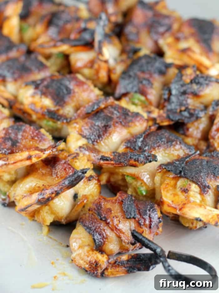BBQ Bacon Shrimp Bombs 11 Hot Bacon-Wrapped BBQ Stuffed Shrimp fresh off the grill, glistening with BBQ sauce.