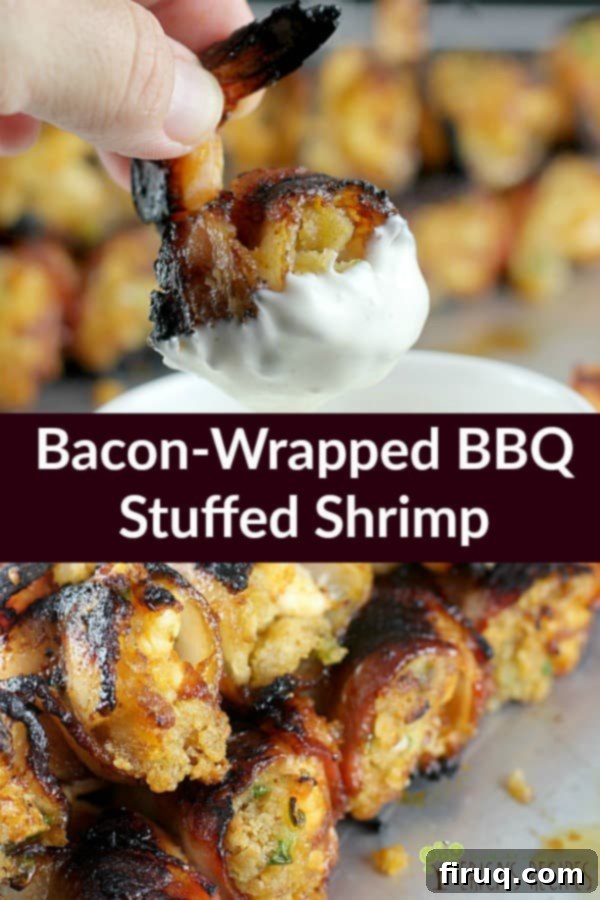 BBQ Bacon Shrimp Bombs 14 Huge shrimp stuffed with a classic RITZ cracker seafood stuffing, wrapped in bacon, doused in Chipotle Dr Pepper BBQ sauce, and grilled over coals for an epic bite that will win all the parties. #shrimp #footballfood #superbowl #seafood #tailgate #grill #grillrecipes #partyfood
