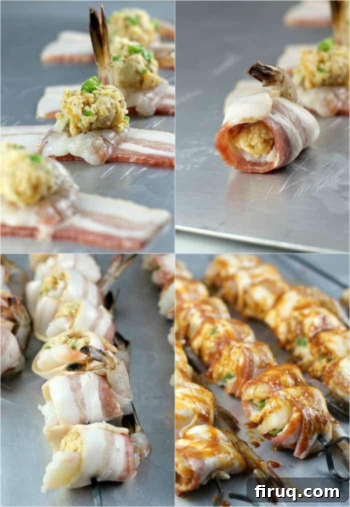 BBQ Bacon Shrimp Bombs 8 Skewered Bacon-Wrapped BBQ Stuffed Shrimp on the grill, brushed with sauce.