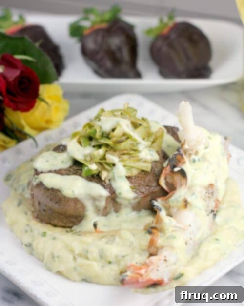 Valentines Duet Filet Mignon and Lobster 2 Valentine's Surf and Turf dinner beautifully plated with Filet Mignon, Lobster, Mashed Potatoes, and Asparagus Slaw.