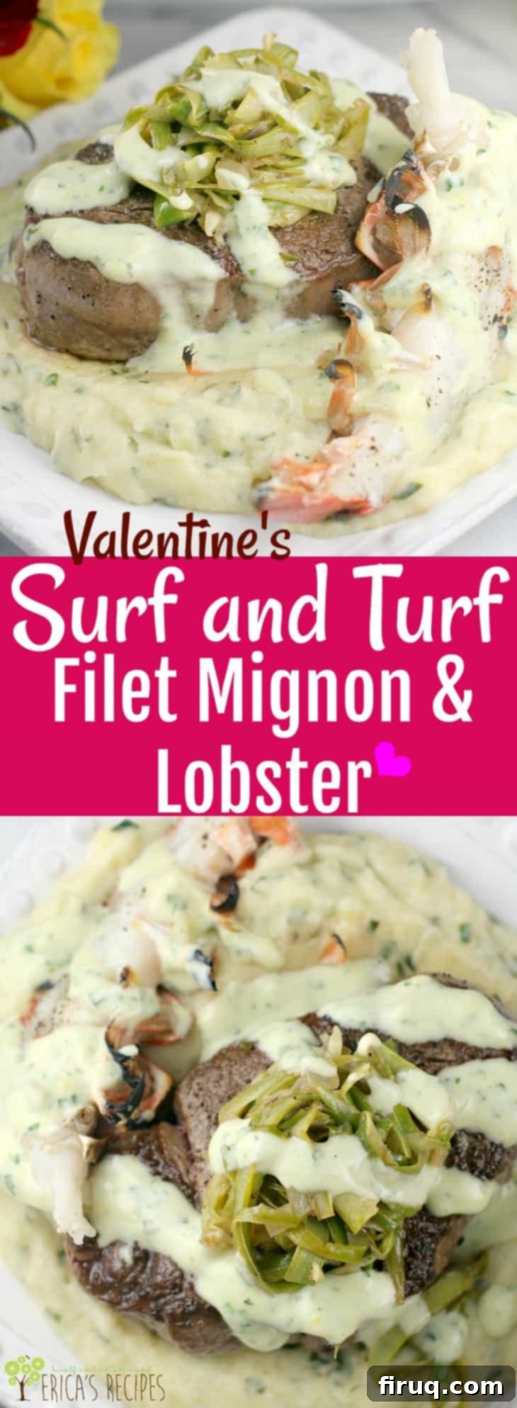 Valentines Duet Filet Mignon and Lobster 11 Valentine's Surf and Turf: Plated dinner with steak, lobster, and side dishes.