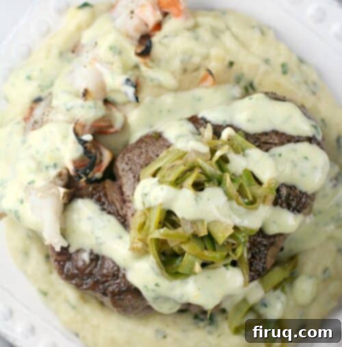 Valentines Duet Filet Mignon and Lobster 3 Close-up of seared filet mignon and broiled lobster tail, glistening with Lemon Cream sauce.
