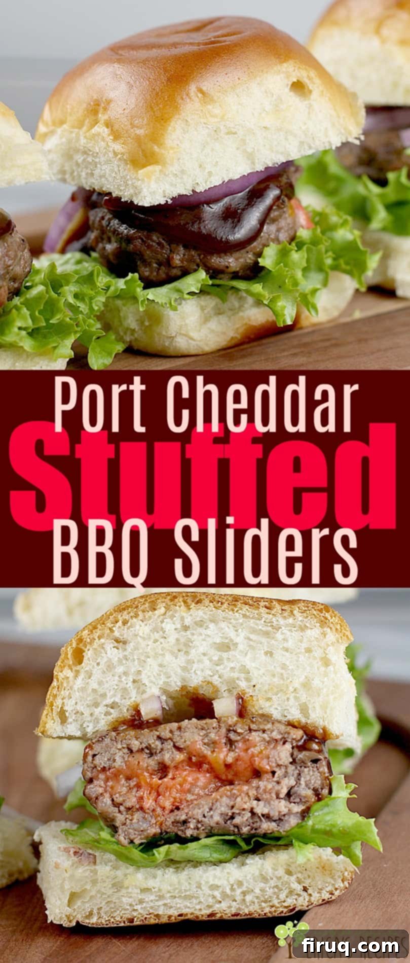 Loaded Port Cheddar BBQ Sliders 9 Port Cheddar Stuffed BBQ Sliders plated with fresh toppings, ready to enjoy