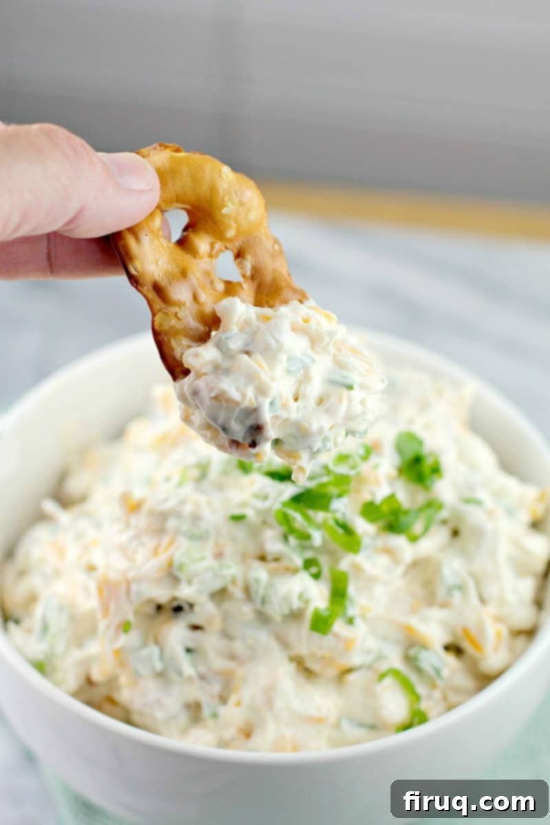 Loaded Bacon Cheddar Dip 2 Close-up of creamy Cheddar Bacon Crack Dip garnished with fresh green onions