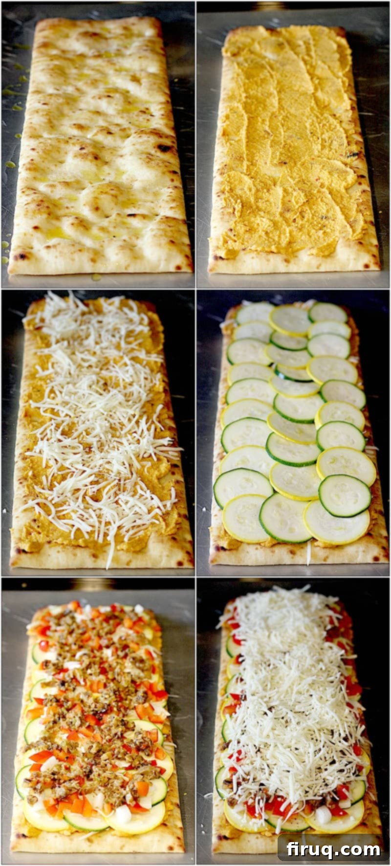 Siam Spice Veggie Flatbread 4 Step-by-step assembly of the Thai flatbread, showing hummus spread on crust