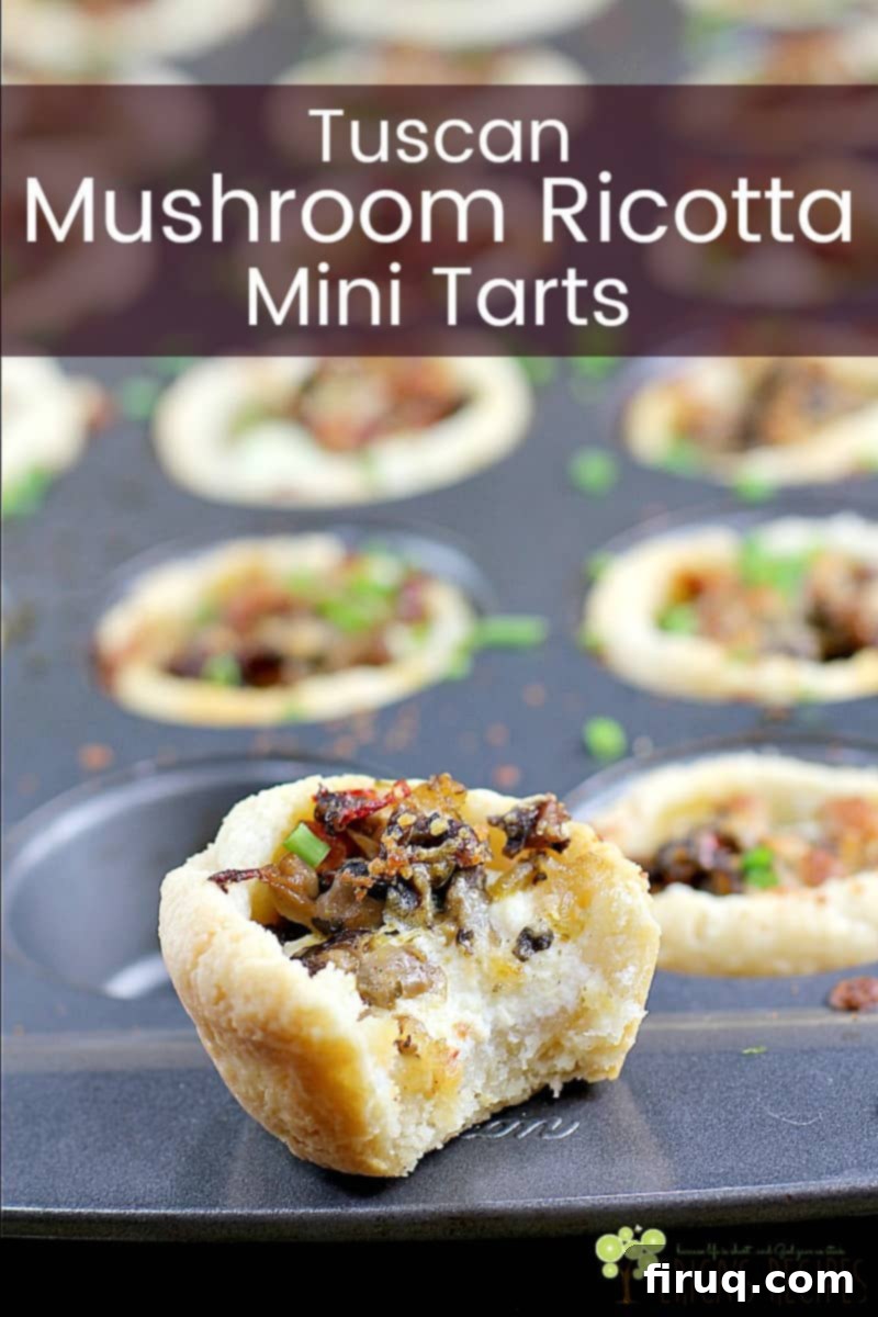 Savory Tuscan Mushroom Ricotta Tartlets 9 A finished Tuscan Mushroom Ricotta Mini Tart on a white background, garnished with chives