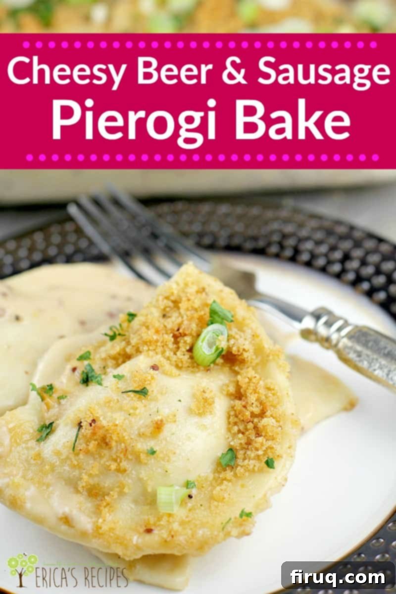 Cheesy Beer and Sausage Pierogi Bake! Potato pierogi pillows and sausage baked in a cheesy beer sauce, this easy pierogi casserole using frozen pierogis is a weeknight must-make. #pierogies #casserole #beer #recipes Cheesy Beer and Sausage Pierogi Bake