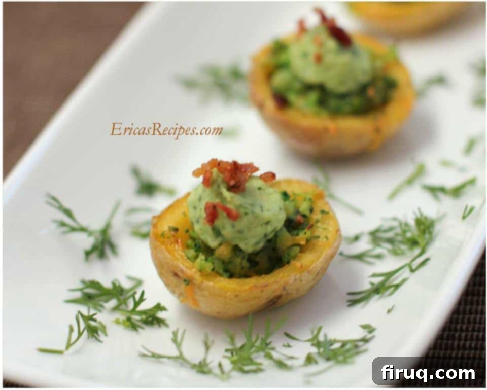 Avocado Cream Broccoli Cheese Potato Skins 2 Broccoli-Cheese Potato Skins with Avocado Cream Recipe
